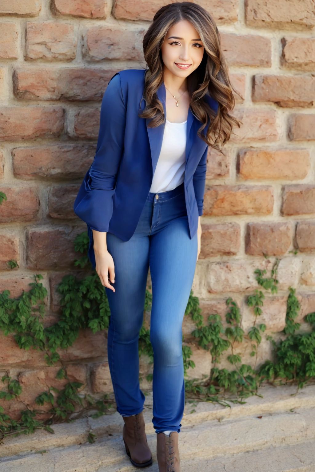 A woman in a blue blazer and jeans leaning against a brick wall - SeaArt AI