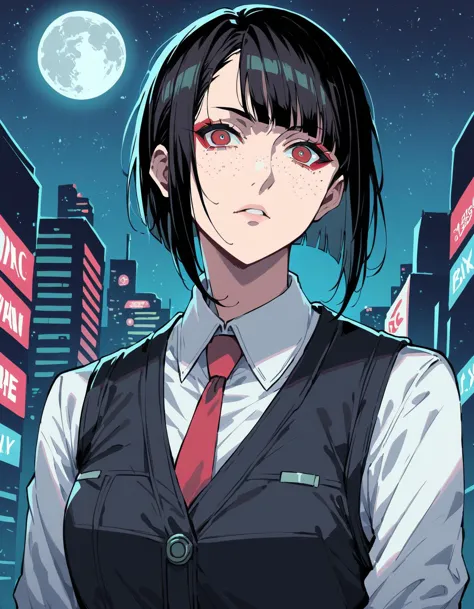 anime girl with black hair and red tie standing in front of a city