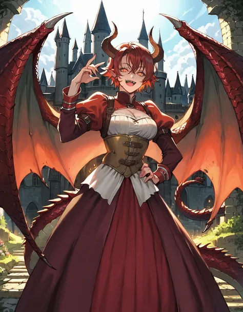 score_9, score_8_up, score_7_up, score_6_up, source_anime, masterpiece, detailed, refined, 1girl, mature female, medieval fantasy, ,detailed background, (medieval castle), medieval dress, croset, red hair, spiky hair, red reptile glowing eyes, short cut, dragon ears, dragon tail, dragon horns, dragon wings, fangs, smile, scales on face, takekawamasumi style