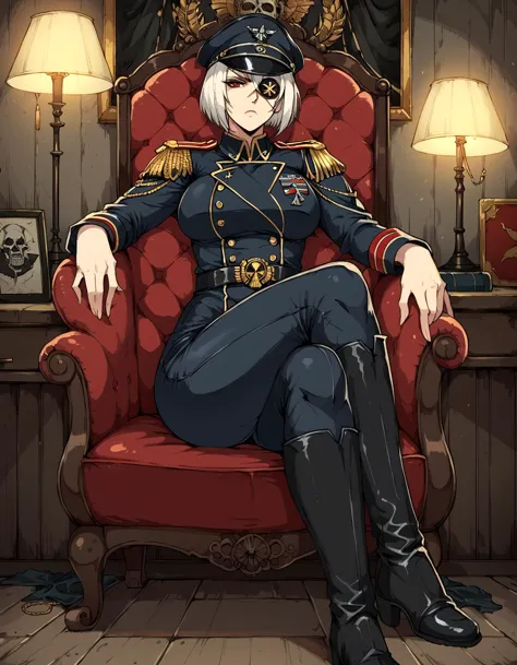 a woman in uniform sitting on a red chair in a room