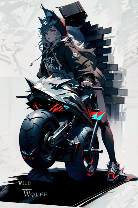 anime girl sitting on a motorcycle with a large stack of books