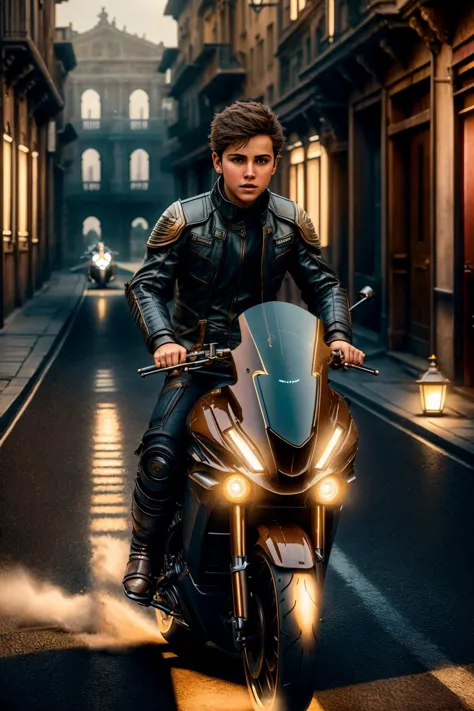 masterpiece, photorealistic highly detailed 8k photography, best cinematic quality, volumetric lighting, volumetric shadows, <lora:FutureSuperBike_v3-000009:1> short hair light brown boy riding Bright Navy ftsbk, feeling of speed,  Winding Canals of an Ancient City background, Close-up