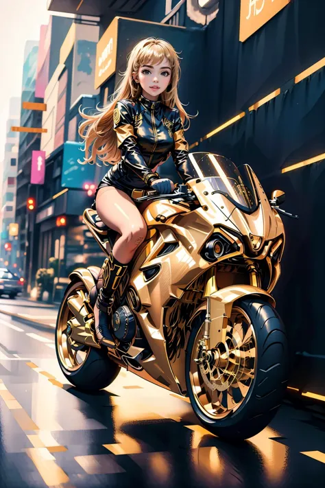 <lora:LoHa_SuperBikeV2:0.8> 1girl riding gold sprbk, cyberpunk,, (masterpiece, best quality,highres, perfect hands)