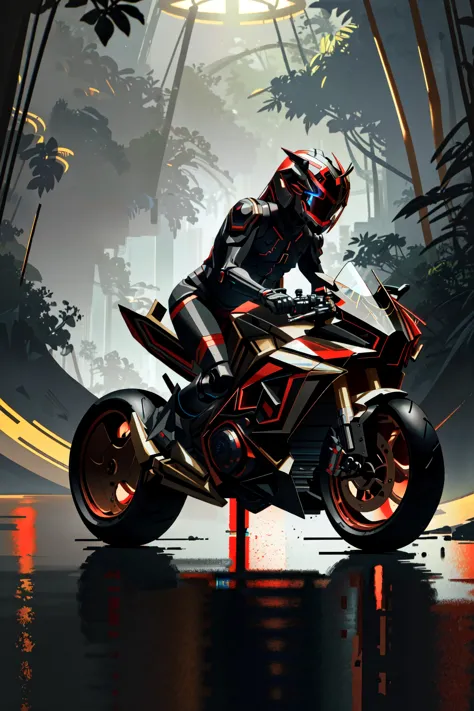 <lora:zzfutbikzz_v1:1> zzfutbikzz
masterpiece, highly detailed photorealistic 8k raw photo, best cinematic quality, volumetric lighting and shadows, sunday lighting
metallic red, glowing, metallic, human on motorcycle, mecha style, reflective, (Fisheye-shot:1.2)
(jungle background:1.2)