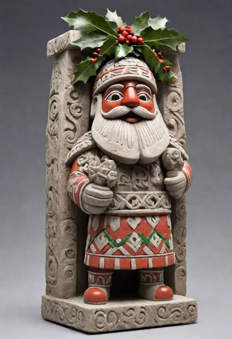 Santa Claus Aztec Stone Sculpture, decorated with mistletoe