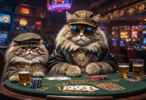 raw photography, though Cats playing cards, wearing huge gold chains, poker table, persian Cat on the left wearing sunglasses, C...