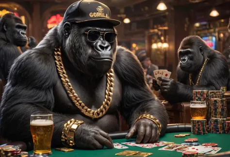 raw photography, though Gorillas playing cards, wearing huge gold chains, poker table, Gorilla on the left wearing sunglasses, G...
