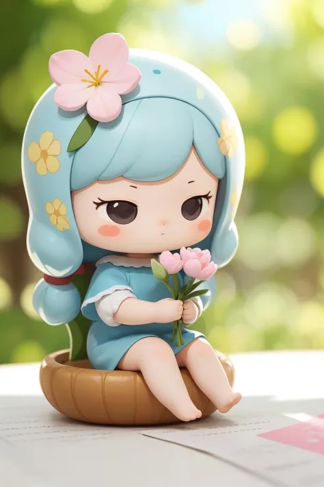 <lora:cute_blindbox_v2:0.4>,blindbox,1girl,solo,sitting,flower,blurry background,blush stickers,holding flower,