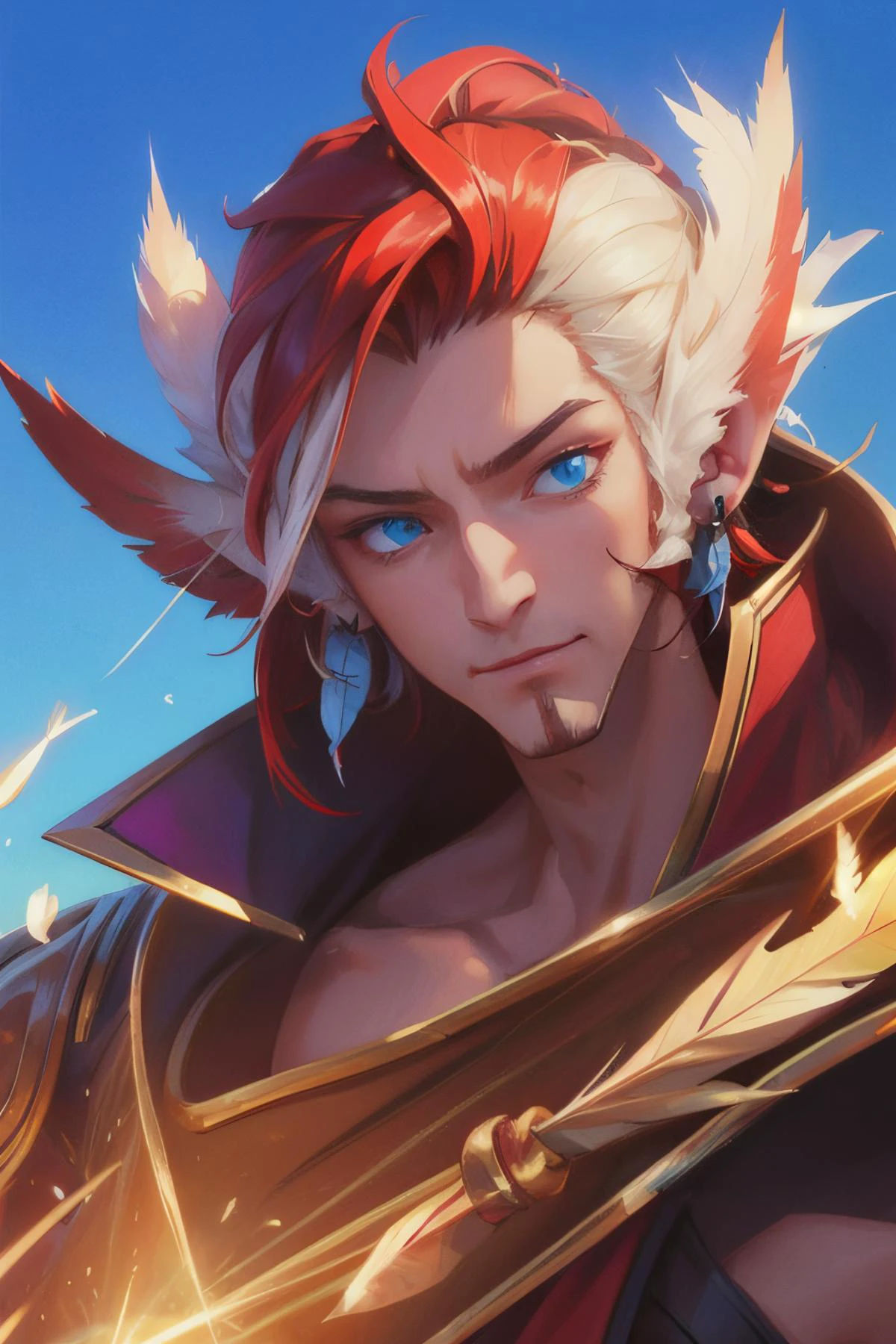 rakan, 1 boy, white red  hair, red cape, feather,  man focus, League of Legends, rakan\(League of Legends\), blue eyes,  white facial hair, white beard,  (hair cover ears, feather ears:1.4),  depth of the field, (best quality:1.3), ultra detailed, masterpiece, 8k, (extremely detailed:1.2), perfect shadow effect, solo, rich description of the face, full features, highres, perfect shadow effect, side lighting, full body, dynamic