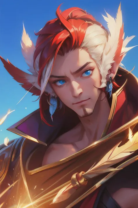 rakan, 1 boy, white red  hair, red cape, feather,  man focus, League of Legends, rakan\(League of Legends\), blue eyes,  white f...