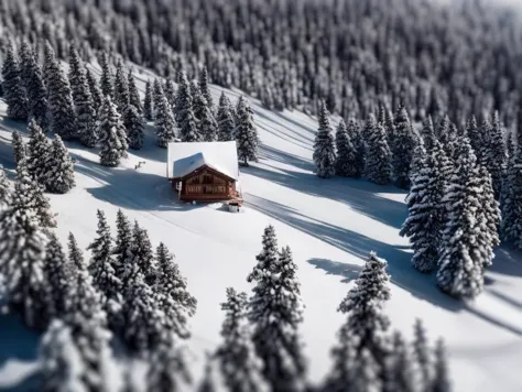 arafed cabin in the middle of a snowy forest with trees