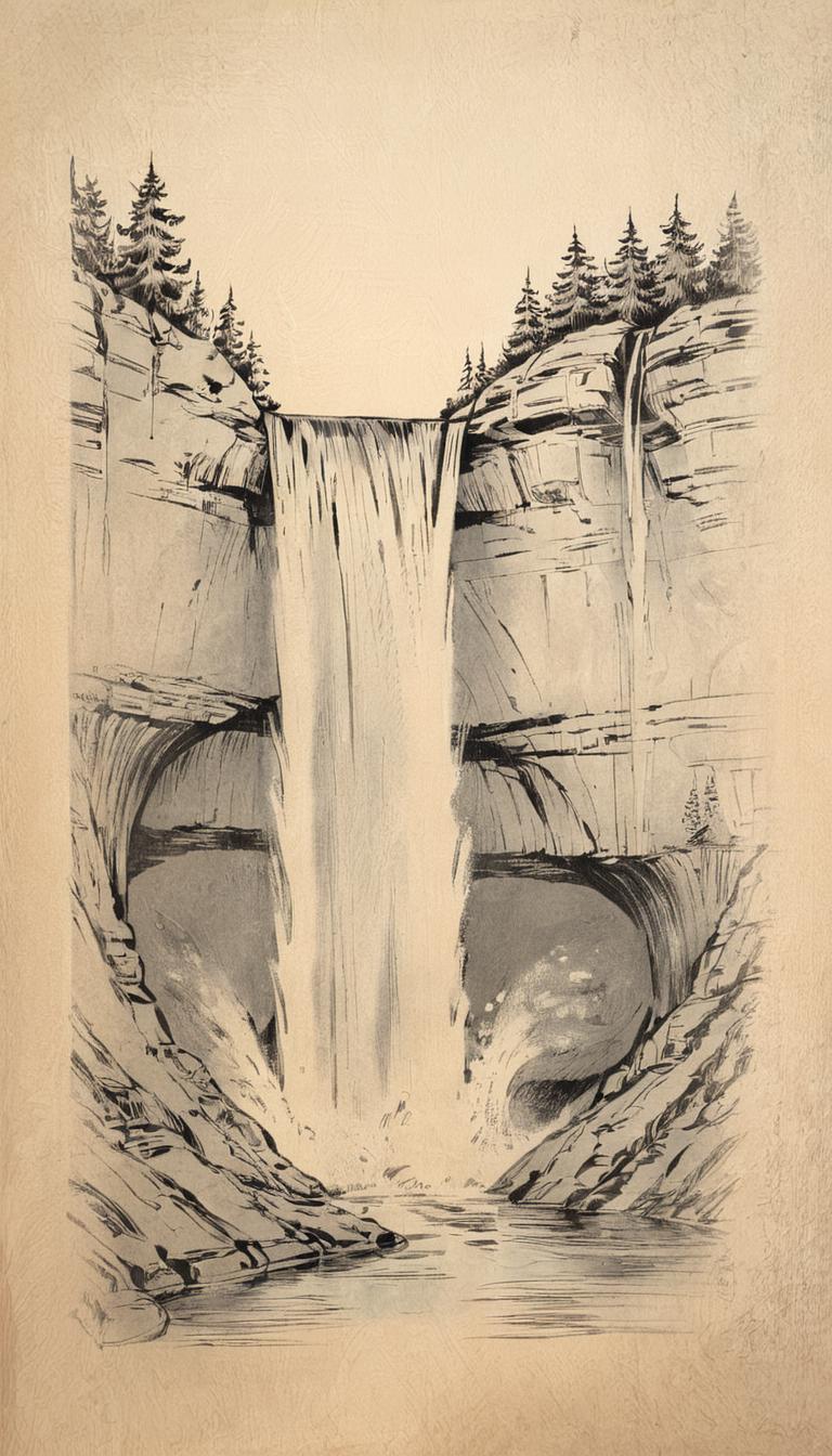 A drawing of a waterfall with trees in the background SeaArt AI