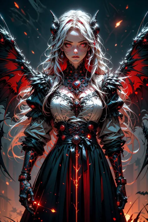 a woman with wings and a dress with red lights on her chest