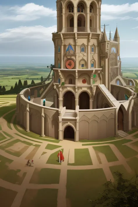 there is a large tower with a clock on it in a field