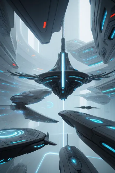 a group of futuristic ships floating in a futuristic space