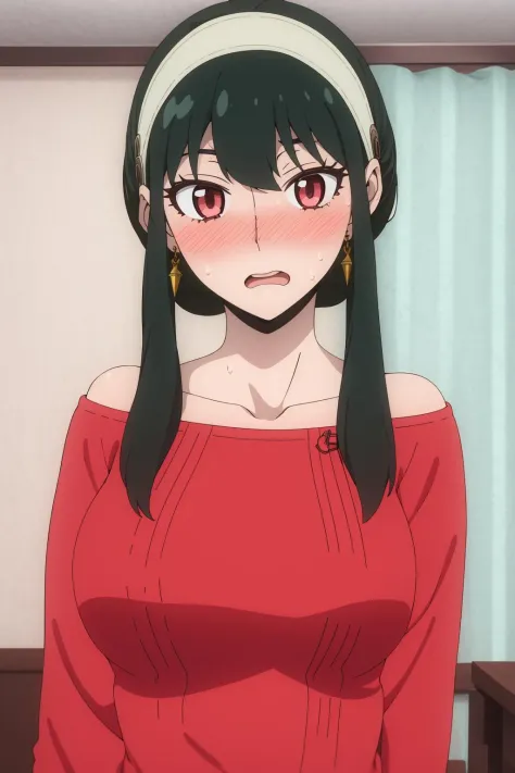 <lora:çº¦å°3V:1>,yor briar, 1girl, blush, black hair, hairband, jewelry, earrings, open mouth, solo, wide-eyed, sidelocks, red sweater, upper body, sweater, surprised, bangs, collarbone, off shoulder, white hairband, bare shoulders, indoors, long hair, go...