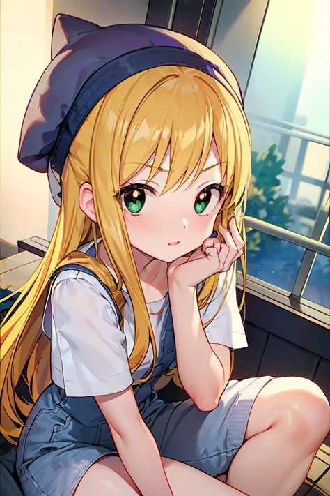 anime girl sitting on the floor with her hand on her chin