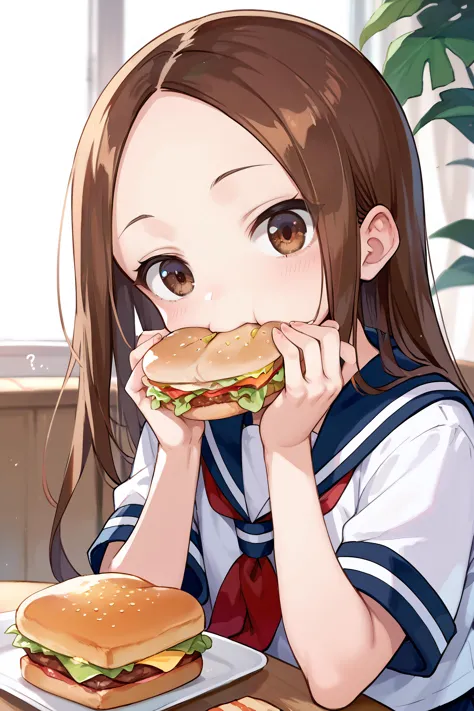 score_9, score_8_up, score_7_up, score_6_up,source_anime,
, <lora:Takagi-san:0.8>,Takagi, brown hair, brown eyes, long hair, white serafuku, red necktie, blue stripes, blue skirt,eating a sandwich, head tilt, looking at phone ,confused,