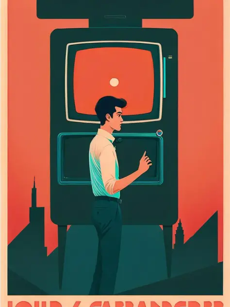 <lora:OllyMoss:1>a poster of a man standing in front of an old fashioned tv with a clock on it by Olly Moss