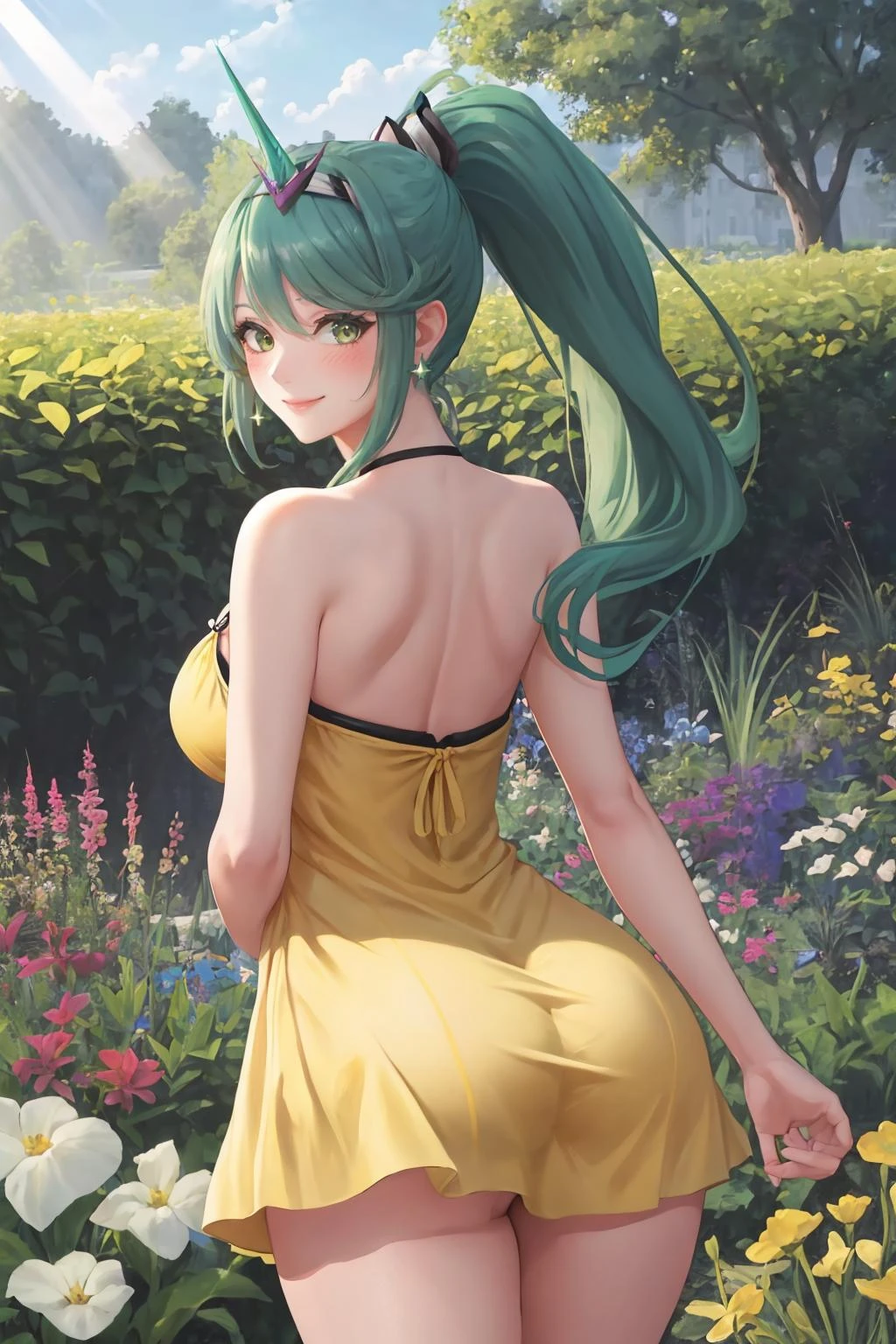 masterpiece, best quality, 1girl, solo, ponytail, pneumarnd, tiara, earrings, chest jewel, (yellow sundress:1.3), garden, from behind, ass, looking at viewer, smile, blush, thighs, beautiful, fantasy, picturesque, sunbeam, sunlight