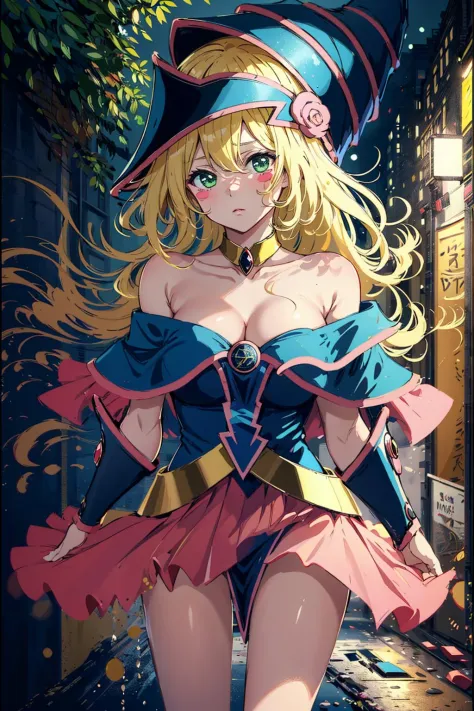 <lora:dark_magician_girl_v3:1>,1 girl,masterpiece, best quality, highres, wizard hat, blush, blush stickers, cleavage, bare shoulders, dress, off shoulder,outdoor
