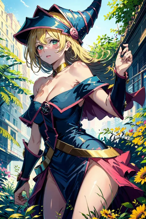 <lora:dark_magician_girl_v3:1>,1 girl,masterpiece, best quality, highres, wizard hat, blush, cleavage, bare shoulders, dress, off shoulder,outdoor,nature