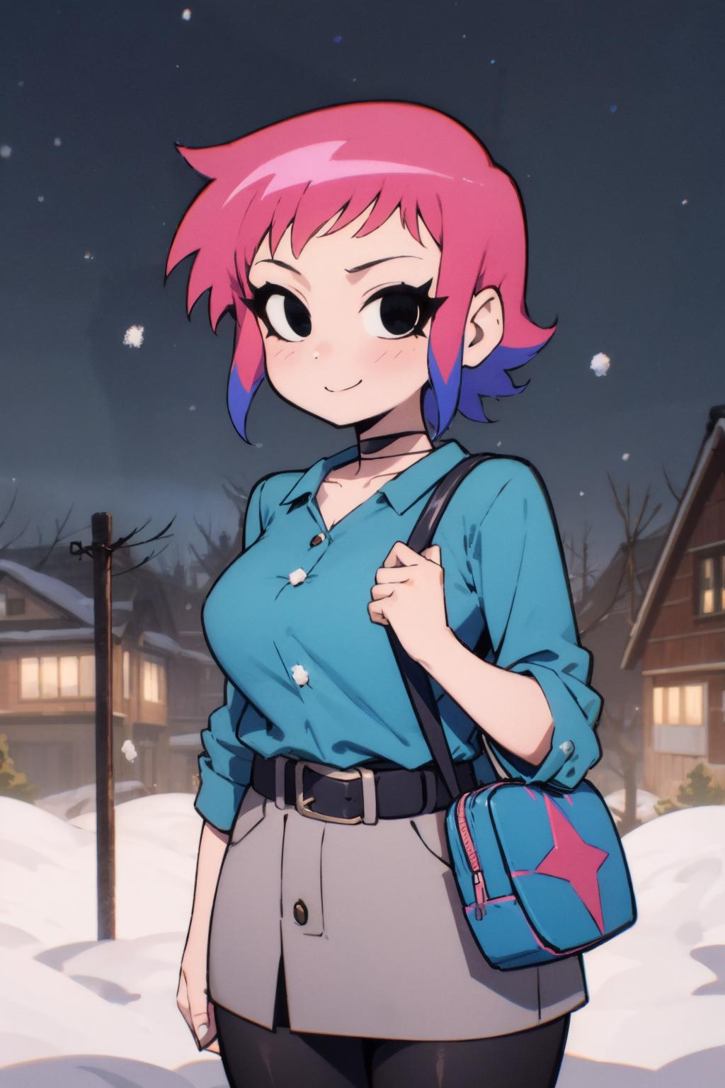 Anime girl with pink hair and blue shirt holding a pink purse - SeaArt AI