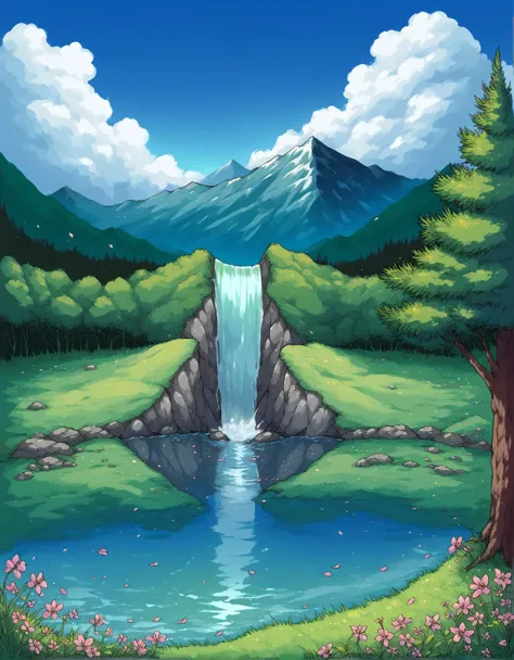 a painting of a waterfall in a green valley with a mountain in the background