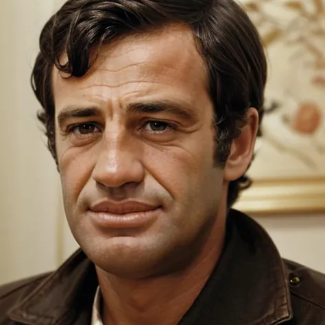 1boy, jpbelmondo, man, mid-forties, looking at the viewer, focus on face, portrait, solo, blurry background, <lora:Jean-Paul_Bel...