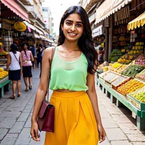 23 year old Indian woman. See through tank top. Knee length skirt. Smiling. Walking in a street market. Sunny weather. Carrying ...