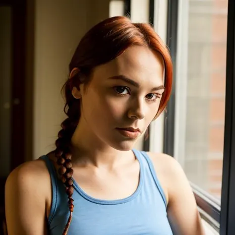 1girl, british woman, vintagelara, portrait, looking at the viewer, focus on face,( single braid:1.2), light blue tank top, <lora:Vintage_Lara_Croft:1>