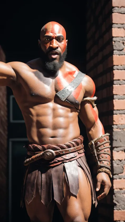 RAW photo of a 33 y.o black man, god of war cosplayer, ((wearing a kratos costume)), average looking person, (dark skin), bald, (long beard), (detailed face), fit body, ((half body)), flexing shirtless, standing in front of a brick wall, (high detailed ski...