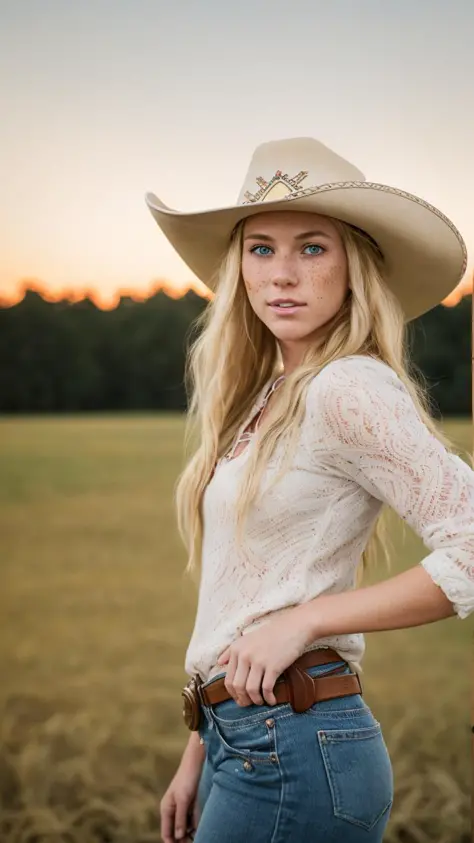 RAW photo of a 24 y.o southern white woman, average looking person, blonde hair, wearing a cowgirl hat and brown boots, freckles, (detailed face), fit body, ((half body)), working on the farm, (high detailed skin:1.2), 8k uhd, dslr, soft lighting, high qua...
