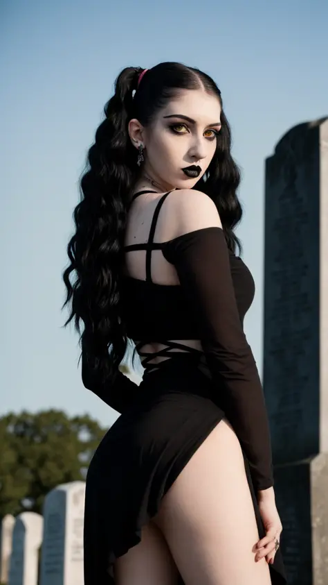 RAW photo of a 25 y.o goth women, ((wearing a black dress)), average looking person, (pale skin), dark curly hair, pigtails, dark eye makeup, black lipstick, (thin eyebrows), (detailed face), curvy body, ((half body)), standing in a cemetery at night, full...