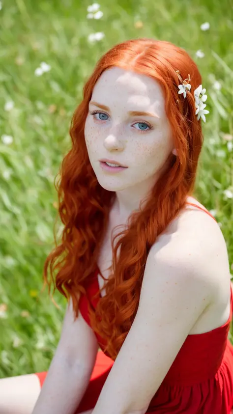 RAW photo of a 22 y.o irish woman, average looking person, red hair, wearing a white sundress, freckles, (detailed face), thin body, ((half body)), sitting in the grass, (high detailed skin:1.2), 8k uhd, dslr, soft lighting, high quality, film grain, Fujif...