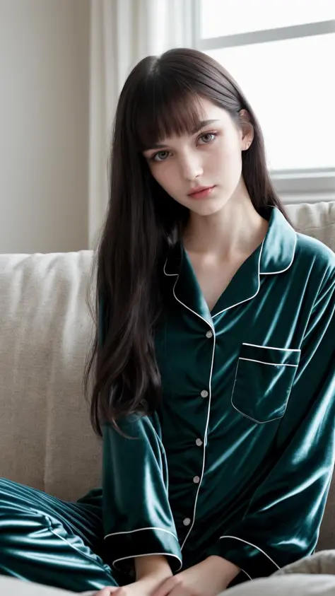 RAW photo of a 20 y.o woman, average looking person, dark hair, alternative style, e-girl, grunge, ((wearing pajamas)), sleepy eyes, (pale skin), (detailed face), thin body, large breasts, ((half body)), ((lying on the couch)), resting, (high detailed skin...