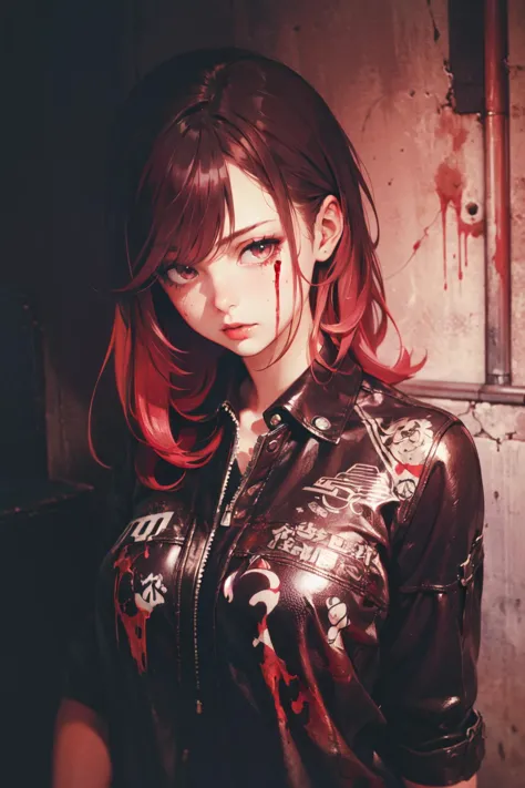 (masterpiece, high quality, highly detailed) 1girl, hard_rock, punk, leather, long_hair, mane, messy, grunge, blood, upper_body,...