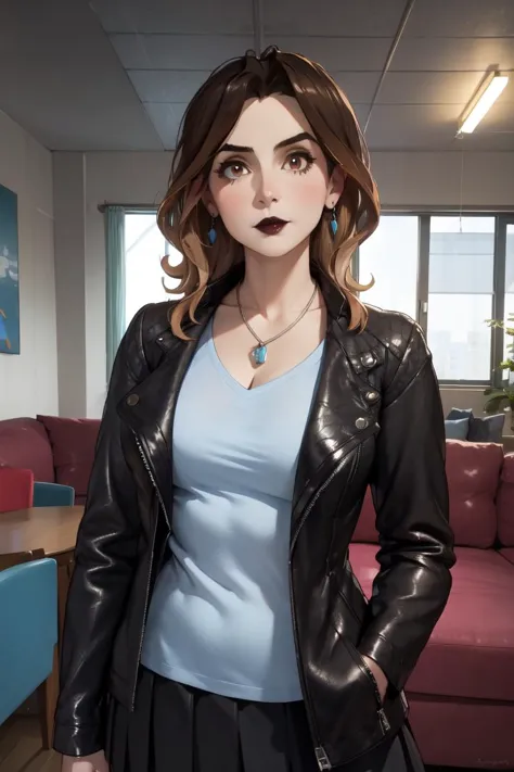 Celia Lede, 1girl, brown eyes, brown hair, black jacket, necklace, open clothes, earrings, grey shirt, lipstick, black lips, black skirt, looking at viewer, inside, livingroom, standing, upper body, looking at viewer   