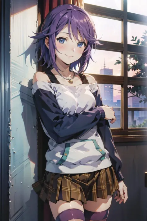 Mizore Shirayuki, 1girl, short hair, solo, purple hair, blue eyes, long sleeves, thighhighs, striped thighhighs, skirt, jewerly,...