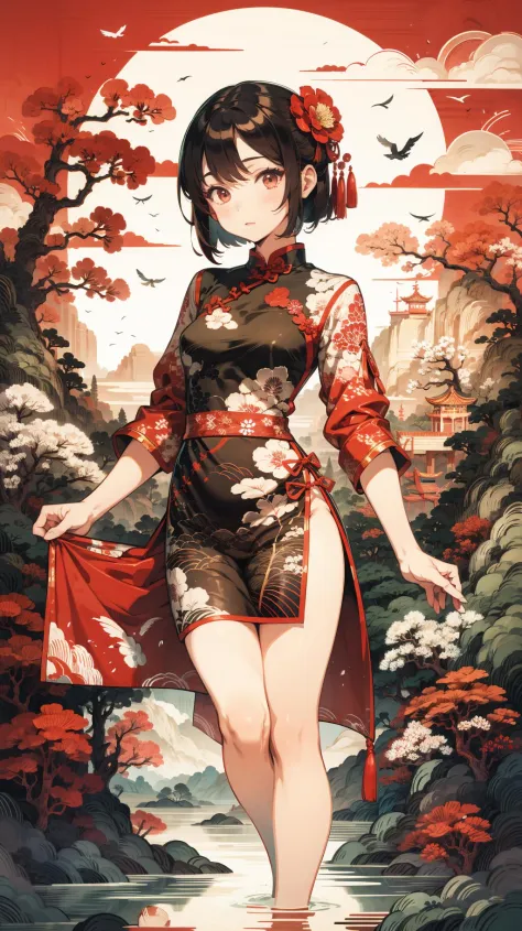 estilo de pintura en tinta china,1 chica,cheongsam chino