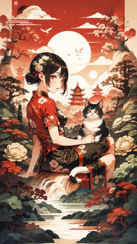 <lora:hua_20230901161601:0.9>,chinese ink painting style,1cat,chinese cheongsam