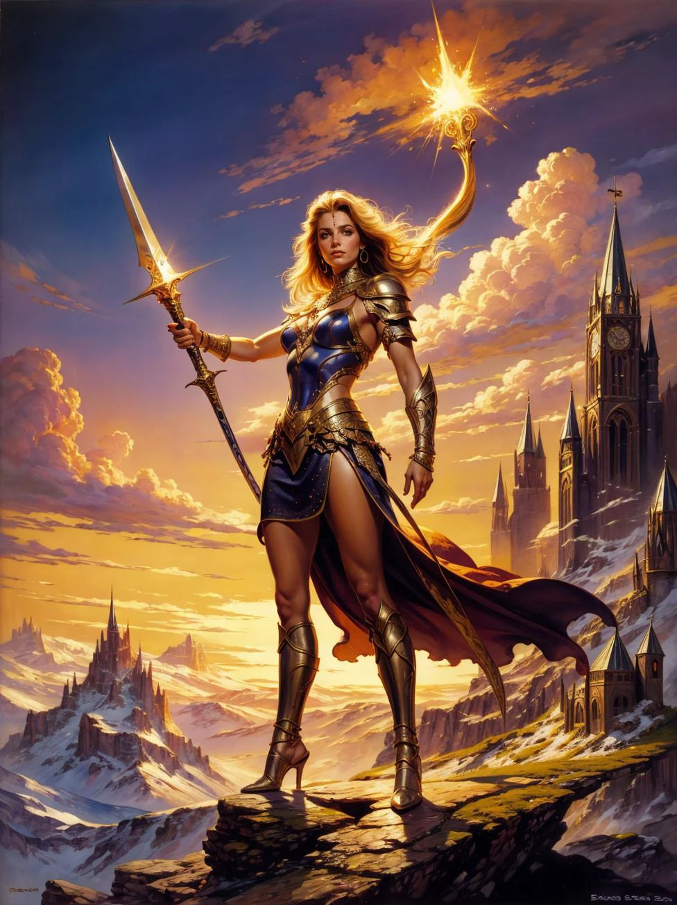 Ein Fantasy-Gemälde von Boris Vallejo, einer wunderschönen Kriegerin im Kettenhemd, ein glühendes Schwert schwingend, triumphierend auf einem Berggipfel stehen. astra_1_BV