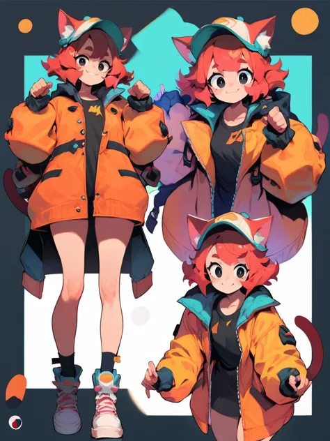 score_9, score_8_up, score_7_up, cat girl, big coat, black eyes, red hair, hat, leaning forward, cute pose, small breasts, thick...
