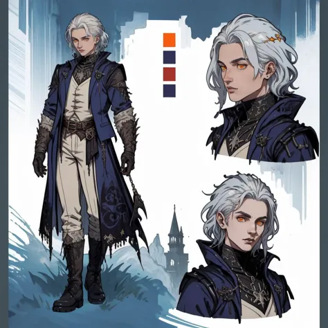 ((young man)), in a blue and purple suit and tie with a white hair and a whiteshirt, wearing long boots, , character sheet, conc...
