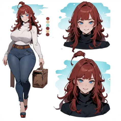 (masterpiece, best quality, high quality, highres:1.4), detailed, extremely detailed, ambient soft lighting, 4K, 1girl, (mature female, milf:1.2), (long hair, red hair, blunt bangs, long sidelocks:1.3), (blue eyes, smile,:1.2), huge breasts, saggy breasts, breasts squeezed together, voluptuous, wide hips, narrow waist, thick thighs (white turtleneck, black jeans, high waisted, belt, high heels:1.2), (charactersheet, multiple views, full body, reference sheet:1.3), simple background, white background, plain background <lora:milfWeightEdit_v1:0.5> <lora:jujunaughtStyleLora_v10:0.3> <lora:envybetterhandsLocon_beta2:1> <lora:matWomen_v2:0.5>  <lora:CharacterDesign_Concept-10:0.65>