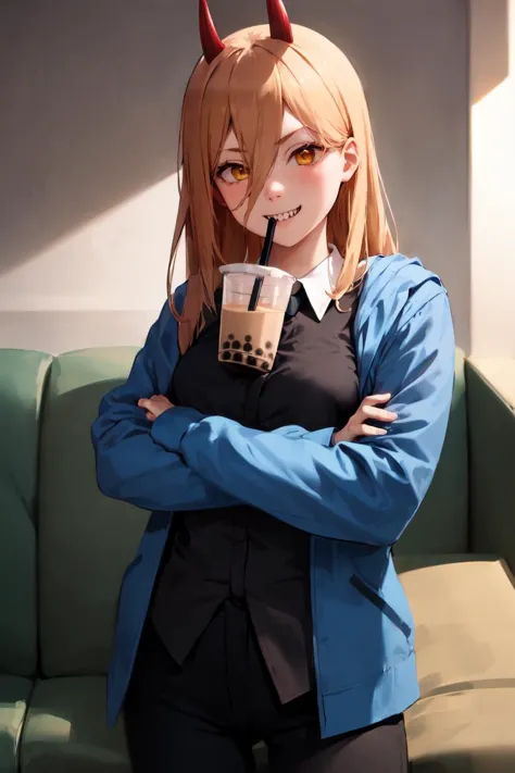 anime girl with horns and a drink in her hand