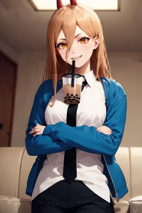 anime girl with a cup of coffee and a tie