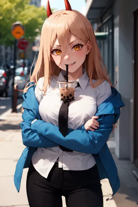 (masterpiece, best quality:1.1), 1girl, cowboy shot, power \(csm\), crossed arms, sharp teeth, symbol-shaped pupils, cross-shaped pupils, blue jacket, collared shirt, black necktie, black pants, smiling, bubble tea challenge, drinking straw, outdoors, 
