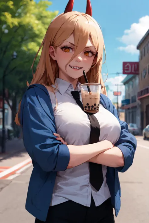 (masterpiece, best quality:1.1), 1girl, cowboy shot, power \(csm\), crossed arms, sharp teeth, symbol-shaped pupils, cross-shaped pupils, blue jacket, collared shirt, black necktie, black pants, smiling, bubble tea challenge, drinking straw, outdoors, 