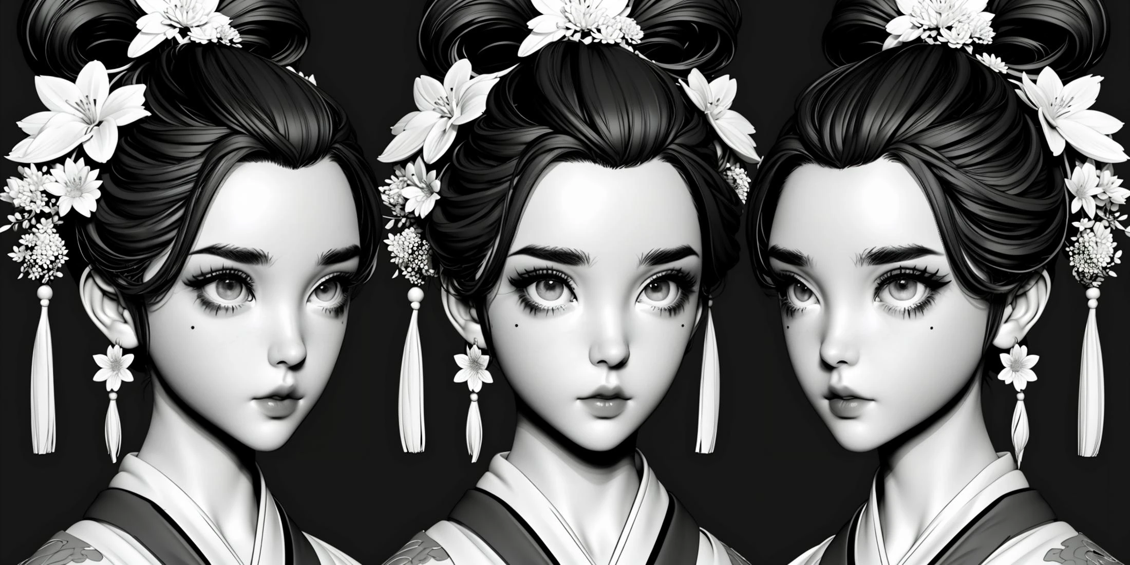 monochrome, HEZI, Three views, modeling, Hair, girl, avatar, hair ornament, mole under eye, mole, greyscale, jewelry, earrings, looking at viewer, 3girls, hair stick, realistic, closed mouth, portrait, grey background, multiple views, flower, variations, simple background, hair flower, chinese clothes, 1girl, expressionless, multiple girls, eyelashes, lips, kanzashi, hair pulled back, nose, short hair, updo, upper body, artist name, forehead, makeup, bangs, tassel, signature, parted lips,